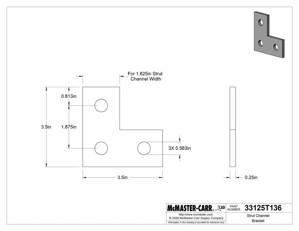 Technical Drawing of Strut Channel Bracket, Elbow, Zinc-Plated Steel, 3-1/2" Long.